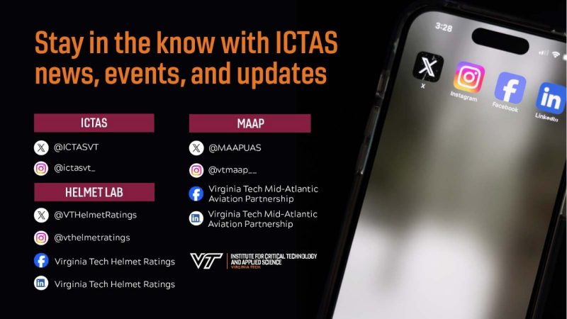 The Institute for Critical Technology and Applied Science, Helmet Lab, and Mid-Atlantic Aviation Partnership social media handles are listed on the left side of the graphic. The background is black with white text. The right side features a picture of an iPhone that is at an angle, with the X, Instagram, Facebook, and LinkedIn app icons at the top of the phone's home screen.