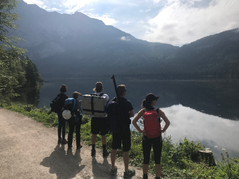 Researchers take in the scenic view at Altausseersee in Styria, Austria, before beginning sample collection activities. From left to right: Hamilton Crockett ‘20, Regina Hanlon, Jamie Benson ‘19, Philipp Baloh, and Teresa Seifried. Photo courtesy of David Schmale.